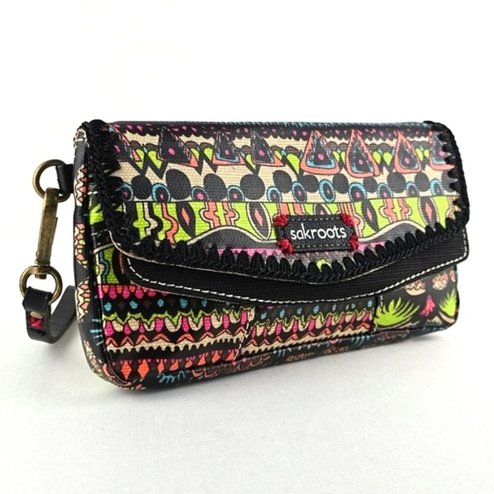 Sakroots Coated Canvas Double Bifold Wallet Clutch Multi Neon Boho Art-To-Wear